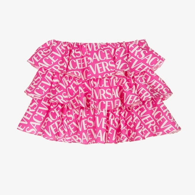 Shop Versace Girls Pink Logo Satin Ruffle Skirt