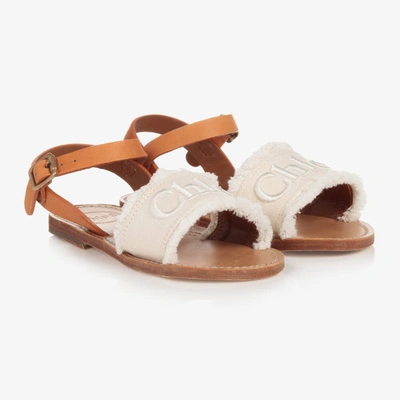 Shop Chloé Girls Ivory Canvas & Leather Sandals