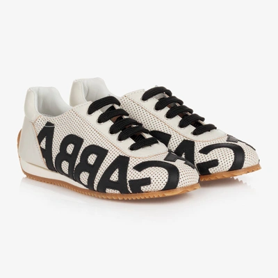 Shop Dolce & Gabbana Teen Boys White & Black Leather Logo Trainers In Ivory