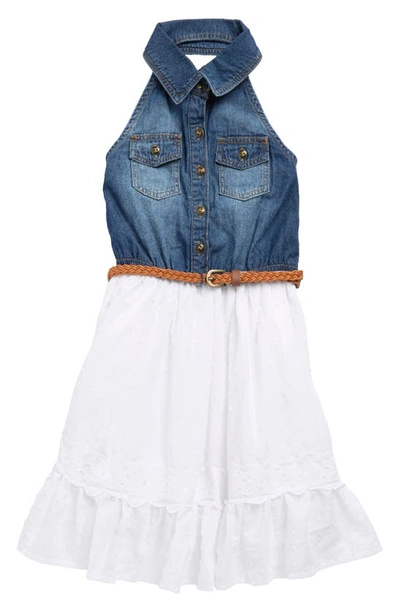 Shop Zunie Kids' Halter Cotton Dress In Blue/ White