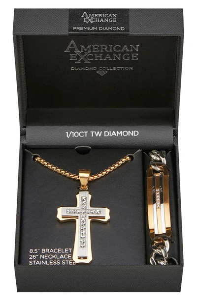 Shop American Exchange Goldtone Plated Stainless Steel Diamond Cross Necklace & Bracelet 2-piece Set In Gold/ Silver