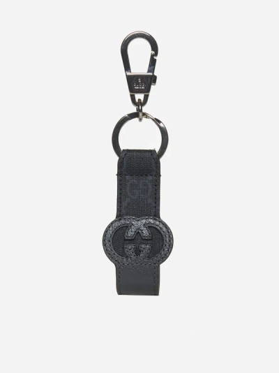 Shop Gucci Gg Fabric And Leather Keychain In Black,graphite Grey