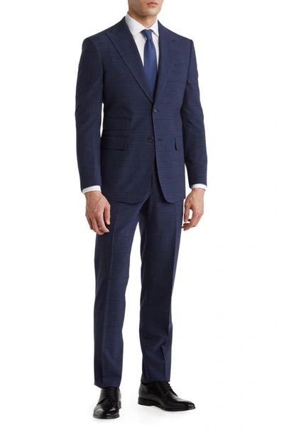 English Laundry Plaid Two Button Peak Lapel Wool Blend Trim Fit Suit In Blue
