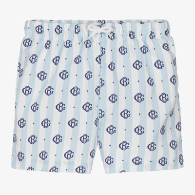 Shop Beatrice & George Boys Blue Stripe Monogram Swim Shorts
