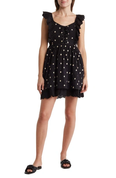 Shop Betsey Johnson Embroidered Daisy Cap Sleeve Dress In Black/ White