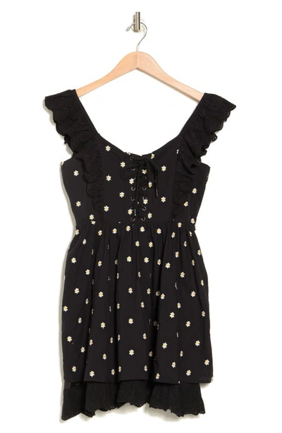 Shop Betsey Johnson Embroidered Daisy Cap Sleeve Dress In Black/ White