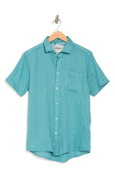 Shop Report Collection Linen Garment Dyed Short Sleeve Button-up Shirt In Teal