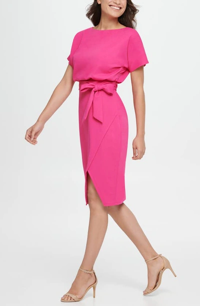 Kensie Tie Front Blouson Dress In Hot Pink