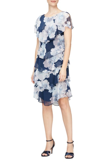 Shop Sl Fashions Floral Printed Tiered Dress In Navy Multi