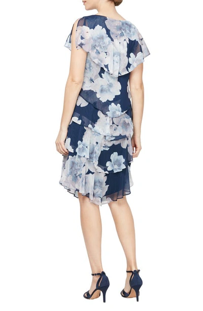 Shop Sl Fashions Floral Printed Tiered Dress In Navy Multi