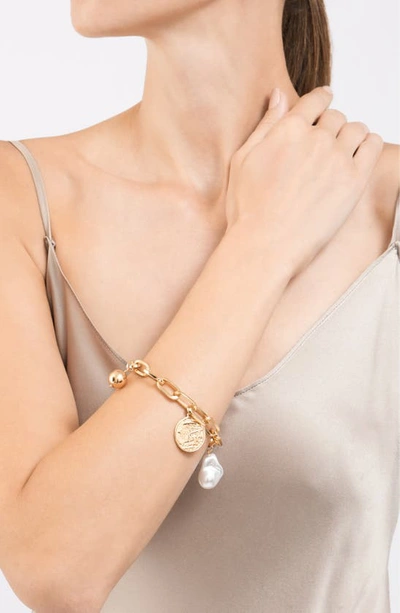 Adornia 14k Gold Plate Imitation Pearl & Coin Chain Bracelet In Gold