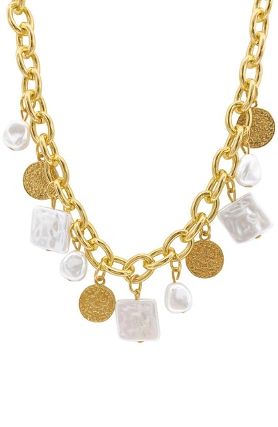 Adornia 14k Gold Plated Oval Link Chain With Hammered Coin And Multishape Pearl Charms Necklace In White