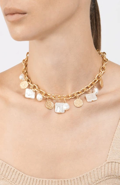 Adornia 14k Gold Plated Oval Link Chain With Hammered Coin And Multishape Pearl Charms Necklace In White