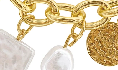 Adornia 14k Gold Plated Oval Link Chain With Hammered Coin And Multishape Pearl Charms Necklace In White