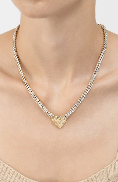 Shop Adornia Crystal Heart Pendant Baguette Tennis Necklace In Gold