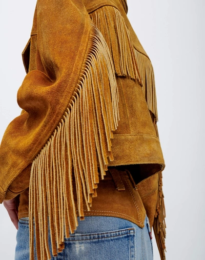 Shop Re/done Cropped Suede Fringe Jacket In Tan Suede