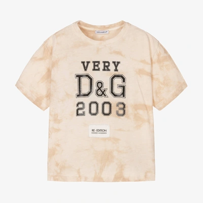 Shop Dolce & Gabbana Boys Beige Cotton Re-edition Logo T-shirt