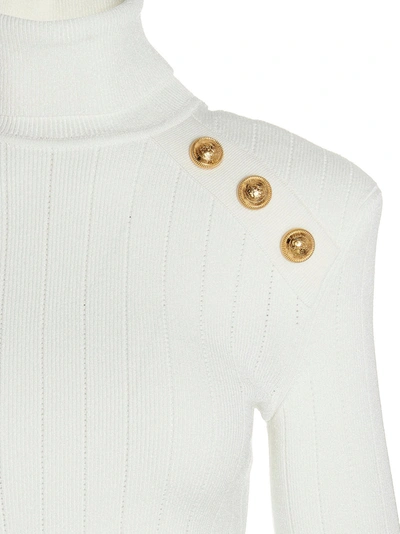 Shop Balmain Logo Buttons Turtleneck Sweater In White