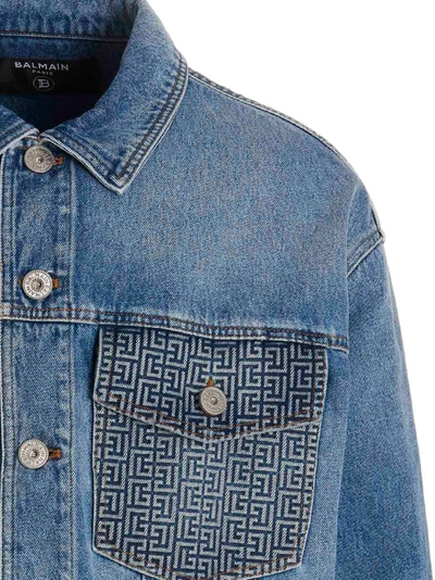 Shop Balmain 'monogram' Jacket In Light Blue