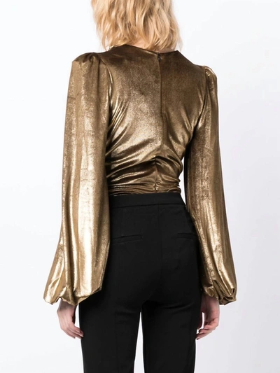 Shop Patbo Metallic Velvet Plunge Bodysuit In Gold