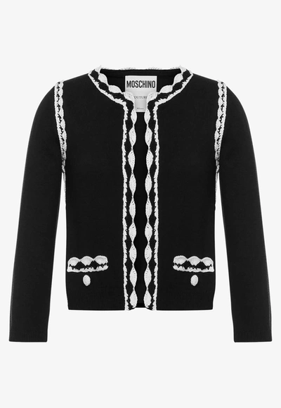 Shop Moschino Crochet Details Wool Cardigan In Black