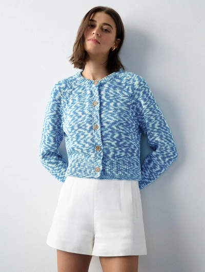 Shop White + Warren Cotton Rope Marled Crewneck Cardigan Sweater In Blue Printed Cord