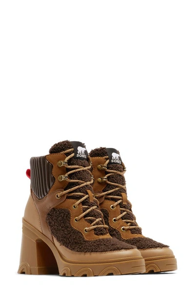 Sorel Brex™ Leather & Faux Shearling Block Heel Lace-up Bootie In Tawny Buff Blackened Brown