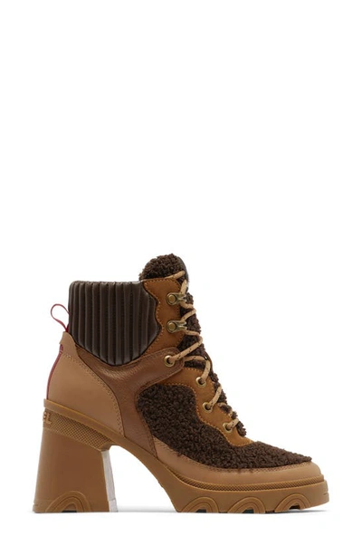 Sorel Brex™ Leather & Faux Shearling Block Heel Lace-up Bootie In Tawny Buff Blackened Brown