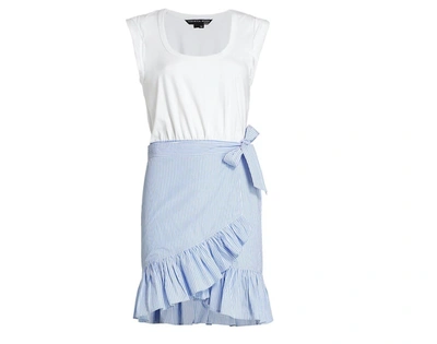 Shop Veronica Beard Addyson Ruffled Wrap Skirt Cotton Mini Dress In White/blue