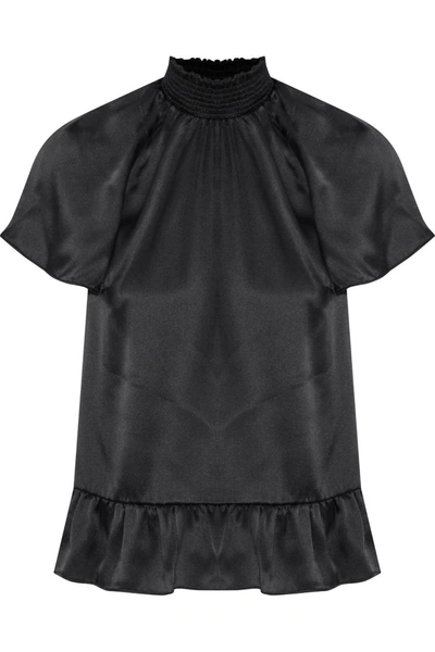 Shop Rachel Zoe Harbor High Smocked Neckline Ruffled Silk Blouse In Black