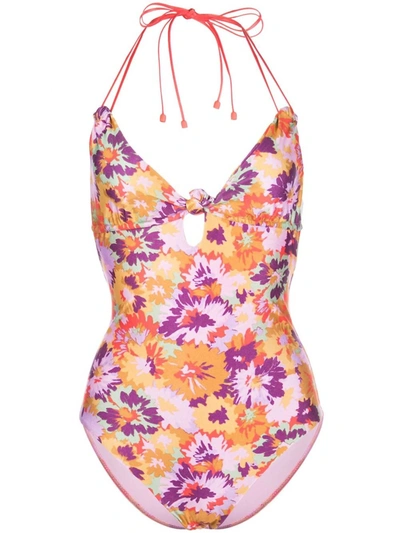 Shop Zimmermann Violet Knotted 1pc Mustard Floral Swimsuit In Multi