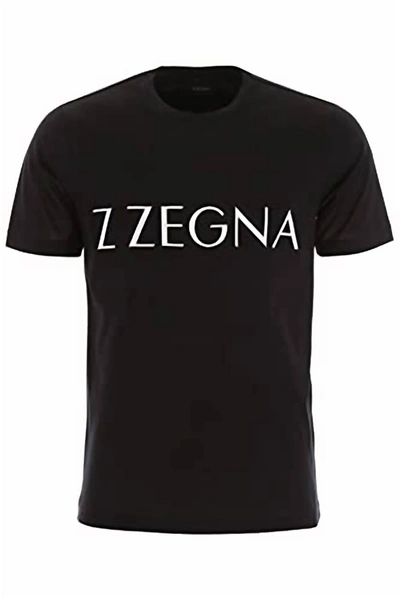 Shop Z Zegna Men Large Front Logo Short Sleeve Crew Neck Cotton T-shirt In Black
