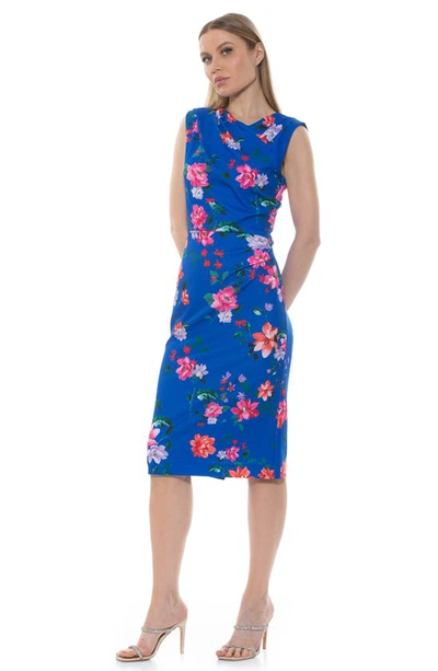 Shop Alexia Admor Diane Asymmetric Sleeveless Midi Sheath Dress In Blue Floral