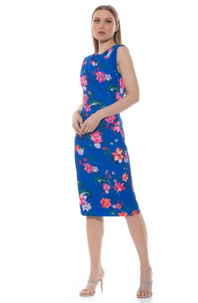 Shop Alexia Admor Diane Asymmetric Sleeveless Midi Sheath Dress In Blue Floral