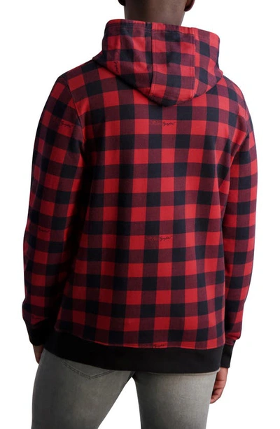 Shop Karl Lagerfeld Script Logo Buffalo Check Cotton Hoodie In Red/ Black