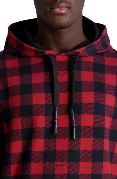 Shop Karl Lagerfeld Script Logo Buffalo Check Cotton Hoodie In Red/ Black