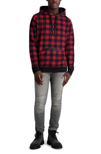 Karl Lagerfeld Script Logo Buffalo Check Cotton Hoodie In Red/ Black