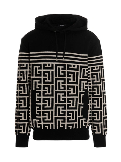 Shop Balmain 'monogram & Stripe' Hoodie In White/black