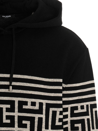 Shop Balmain 'monogram & Stripe' Hoodie In White/black