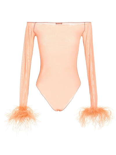 Shop Oseree Feather Sheer Mesh Bodysuit In Pink