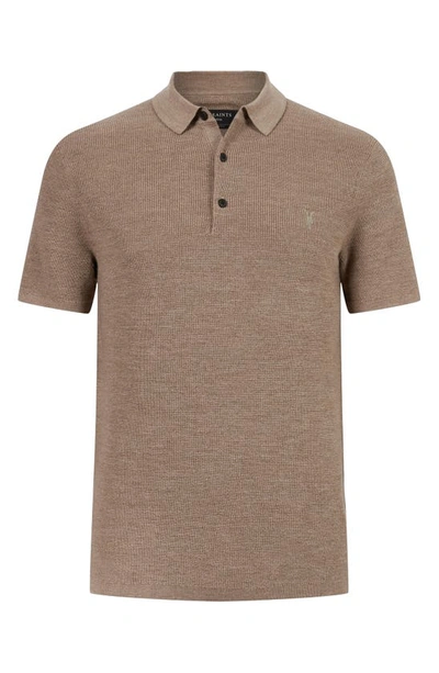 Shop Allsaints Ivar Embroidered Logo Short Sleeve Merino Wool Polo Sweater In Warm Taupe Marl