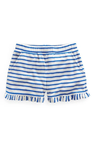Shop Boden Kids' Stripe Ruffle Hem Terry Shorts In Cabana Blue/ivory