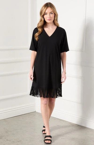Shop Karen Kane Fringe Trim V-neck Minidress In Black