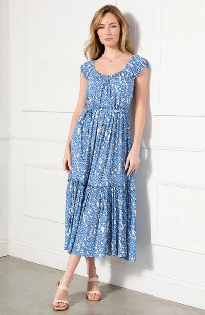 Shop Karen Kane Floral Tiered Cap Sleeve Midi Dress In Periwinkle
