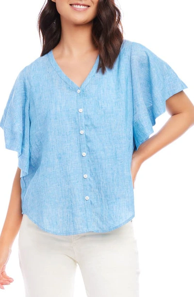 Shop Karen Kane Flutter Sleeve Linen Top In Blue