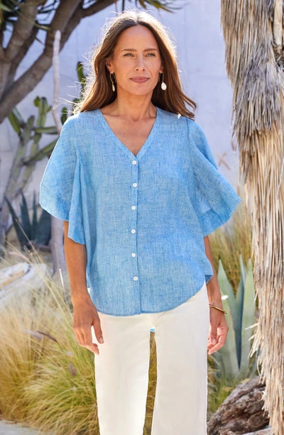 Shop Karen Kane Flutter Sleeve Linen Top In Blue