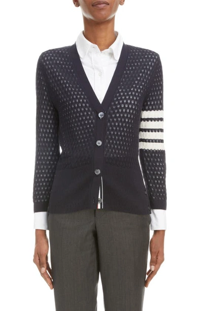 Shop Thom Browne 4-bar Pointelle Cotton & Silk Cardigan In Navy