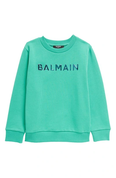 Shop Balmain Kids' Shiny Logo Cotton Sweatshirt In 781 Green