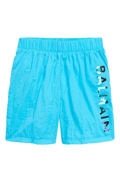 Shop Balmain Kids' Iridescent Logo Swim Trunks In Blue