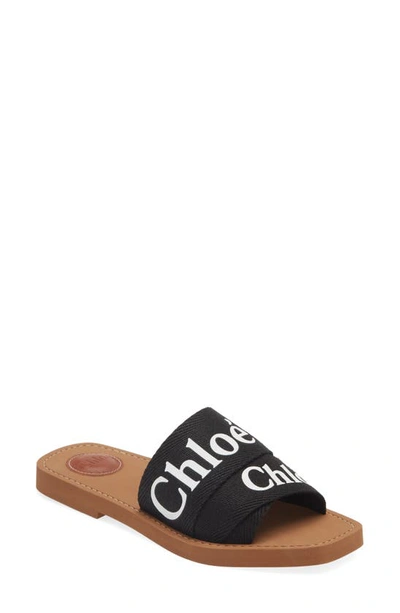 Chloé Woody Flat Logo Ribbon Slide Sandals In Black